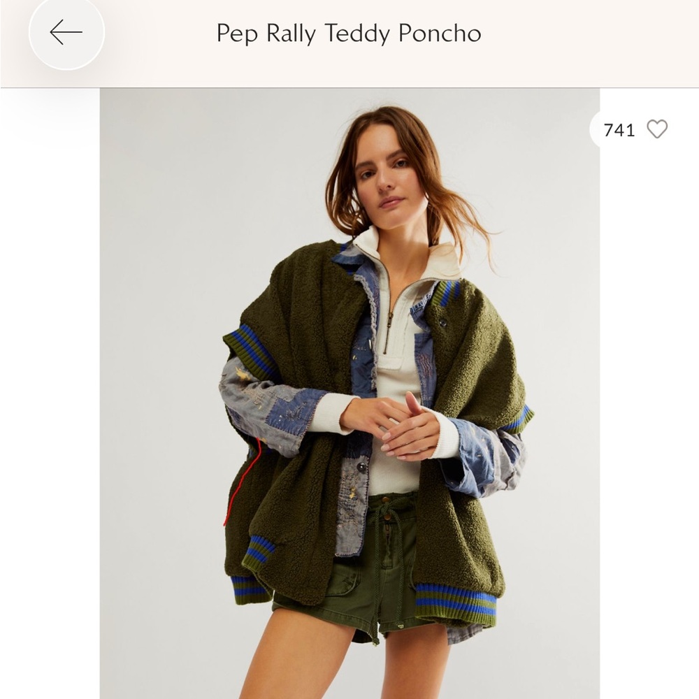 Free People Olive Green Teddy Poncho with Blue Trim